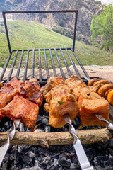 Grilled pieces of pork meat on metal skewers. Shashlik or shish kebab prepared on barbecue grill over hot charcoal with grilled vegetables.
