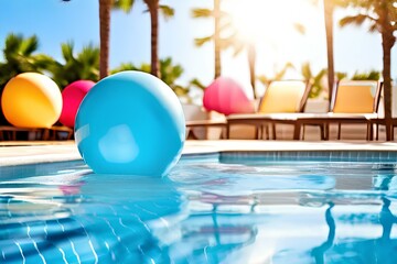 Fototapeta na wymiar Summer holidays background with colorful beach ball floating on luxury swimming pool and copy space.