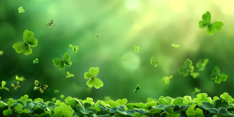 Kleeblätter als Glücksbringer mit wunderschöner Dekoration auf leuchtenden grünen Hintergrund im Querformat für Banner, ai generativ