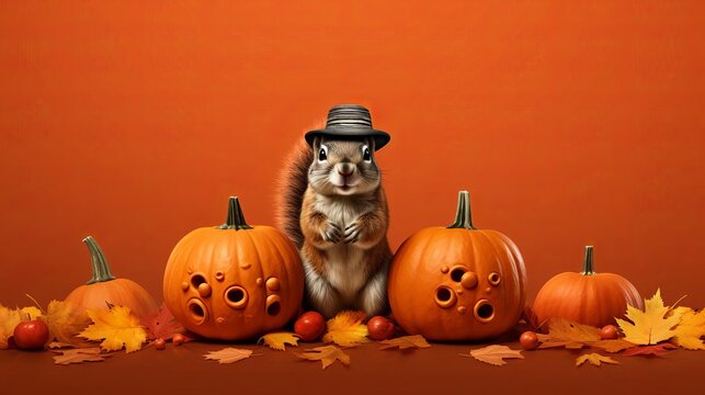A squirrel wearing a pilgrim hat is sitting on a pumpkin. There are pumpkins and fall leaves all around him. The background is orange.