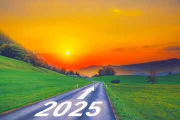 Open empty road path end and new year 2025. Upcoming 2025 goals and leaving behind 2024 year. passing time future, life plan change, work start run line, sunset hope growth begin, go forward concept.