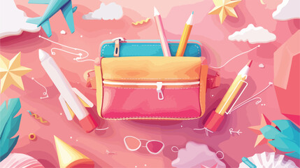 Flying pencil case and school stationery on pink background - obrazy, fototapety, plakaty