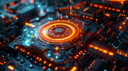 Intricate electronic circuit board with glowing elements highlighting advanced technology and computing power.  Abstract Technology Background