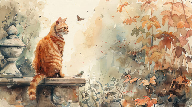 A watercolor painting of an orange cat sitting on a stone wall in a garden. The cat is looking at a butterfly.