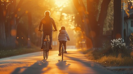 Children ride bicycles with their parents