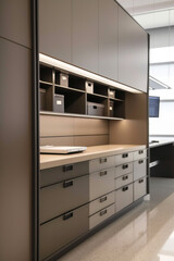 A sleek, modern office cabinet stands against a wall, its clean lines and minimalist design exuding professionalism. 