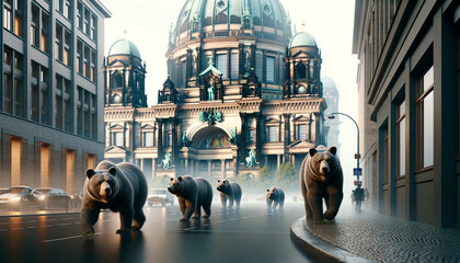 An image of several bears patrolling the streets of Berlin near the Berlin Cathedral. The surrounding architecture reflects typical Berlin style, and the action takes place during a foggy morning, rei