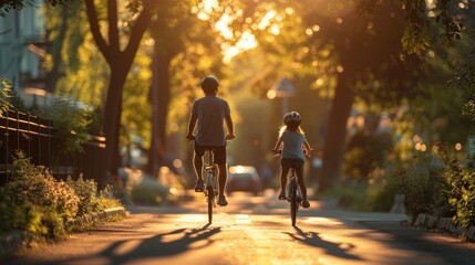 Children ride bicycles with their parents