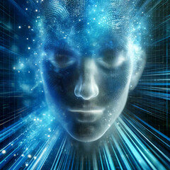 A close-up of a hologram of a human face, rendered with vibrant digital pixels that flicker with an ethereal blue glow. The background features current digital data streams in various shades of electr
