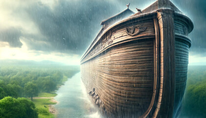 Scene of Noah's Ark anchored in a calm sea. The ark is decorated with wooden planks and ropes, indicating signs of a long journey.