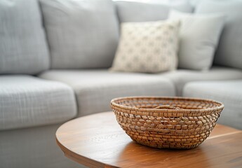 Minimalist wicker basket on a wooden table against a grey sofa