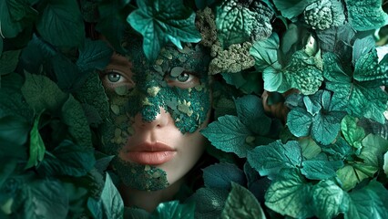 Model Gesicht mit grünen Blätter und Pflanzen umhüllt, Natur und Mensch vereint, ai generativ