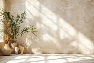 Sunlight streams through the window, casting shadows and highlighting the room's textured walls and plants