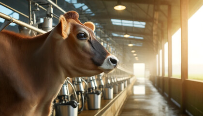 Close-up of a Jersey cow with a rich brown coat, visibly exhaling the cool morning air on a dairy farm. The farm includes a clean, well organized barn and milking equipment against a soft background.