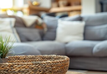Obraz premium Cozy Home Vibes with Woven Basket on Coffee Table