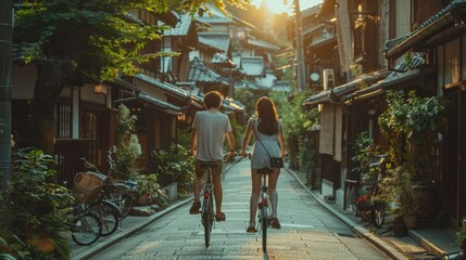 Young couples ride bicycles to tour the ancient town, with the sunshine shining brightly