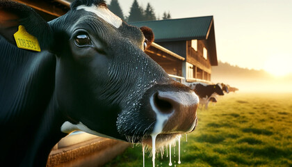 The photo shows the face of a Friesian cow, black with characteristic white markings, exhaling heavily. The background depicts a typical dairy farm scene with a hint of milking stalls and other dairy 