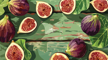 Fresh ripe figs on green wooden background Vector illustration