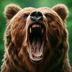 Roaring brown bear close-up. Powerful jaw and large sharp teeth of the bear. A bear's eyes reflect a sense of urgency or anxiety.