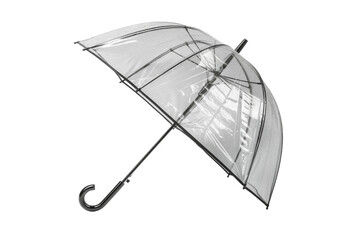 A transparent umbrella with a black handle stands gracefully against a white background