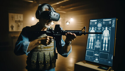 An image of a person engaged in virtual reality firearms training. He wears a VR headset and vest and holds a VR rifle.