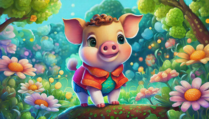 oil painting style CARTOON CHARACTER CUTE baby pig in red shirt, animal