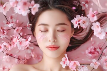 Tranquil Beauty: Asian Woman Surrounded by Pink Cherry Blossoms
