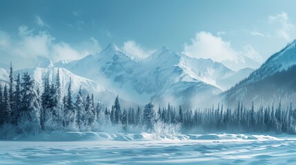 Landscape of a Canadian mountain range in winter.