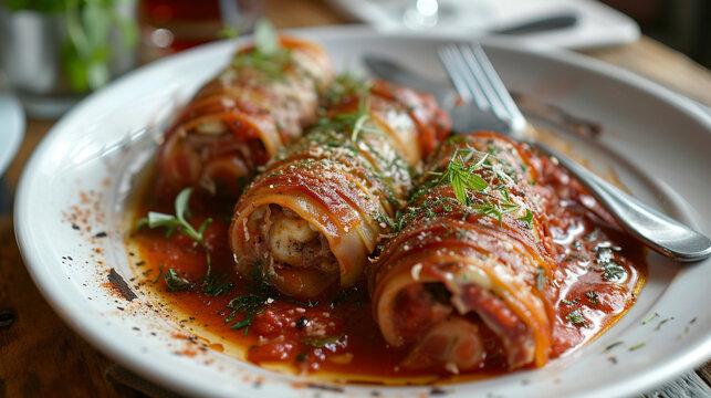 A plate of involtini with thin slices of beef, rolled with cheese, ham, and herbs, cooked in tomato sauce, served with a fork and a knife.