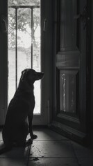 Dog sitting waiting at a door silhouette mammal animal
