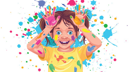 Funny little girl with hands and face in paint
