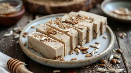 A plate of halva with sweet confection, made with sunflower seeds, sugar, and honey, and formed into a rectangular block, sliced and ready to eat.