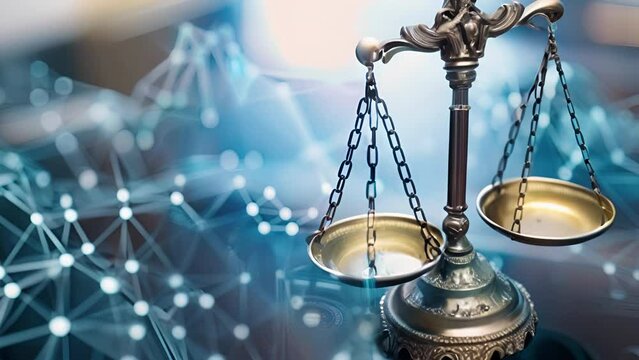 The scales of justice with a technology background.
