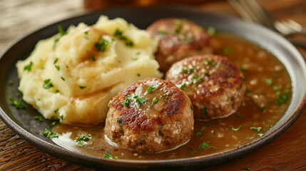A plate of kotlety with meat patties, made with ground beef, pork, or chicken, bread crumbs, and onion, and fried in oil, served with mashed potatoes and gravy.
