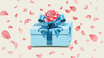 Gift box with blue bow and beautiful rose on white background