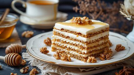 A plate of medovik with honey cake, made with layers of thin sponge cake and sour cream frosting,...