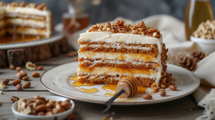 A plate of medovik with honey cake, made with layers of thin sponge cake and sour cream frosting, and decorated with nuts and honey. - obrazy, fototapety, plakaty