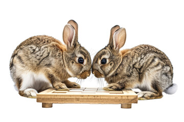 Two rabbits sit atop a computer keyboard, exploring a world of technology with curious eyes