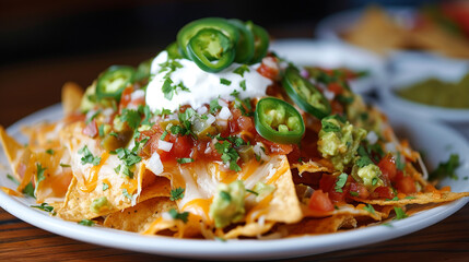 A plate of nachos with cheese, salsa, guacamole, sour cream, and jalape?+/-os, garnished with cilantro.