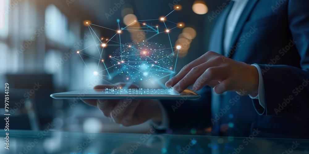 Wall mural digital twin technology concept with a businessman using a tablet displaying digital data and graphs