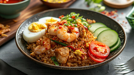 Fototapeta premium A plate of nasi goreng with fried rice, eggs, chicken, shrimp, and vegetables, seasoned with soy sauce and chili, and garnished with cucumber and tomato slices.