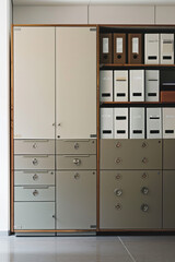 A sleek, modern office cabinet stands against a wall, its clean lines and minimalist design exuding professionalism. 