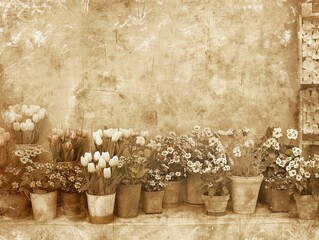 Vintage flower shop with roses, violets, and tulips, aged paper texture background