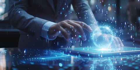 Businessman using a digital tablet with global network and data technology hologram on a table in an office.