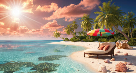  A stunning tropical beach landscape with sky color with tree, Summer beach vacation scene. capturing the essence of a perfect summer holiday. Generative AI