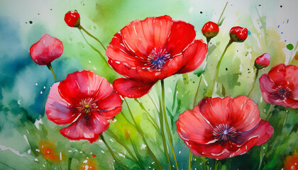 Watercolor illustration of red poppies. Wild flower. Beautiful nature. Hand drawn art