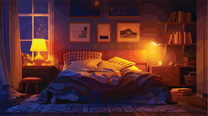 Interior of bedroom with knitted plaid on bed and glow