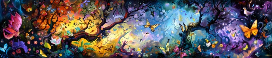 In a surreal dreamscape, imaginative creatures flutter about, their wings painted in a vivid array of colors like butterflies