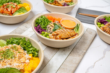 sushi, poke, bento food