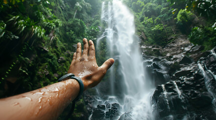 Hand waving with the waterfall in the background. 